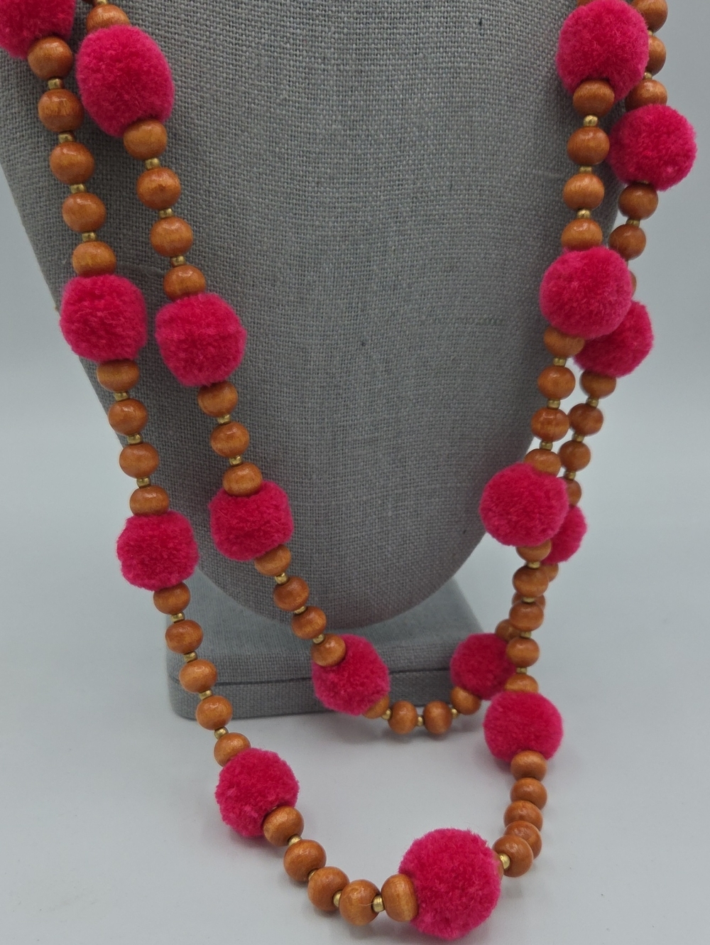 5 for $25! J. Crew Fuchsia Pom-Pom and Wood Bead Layer Necklace